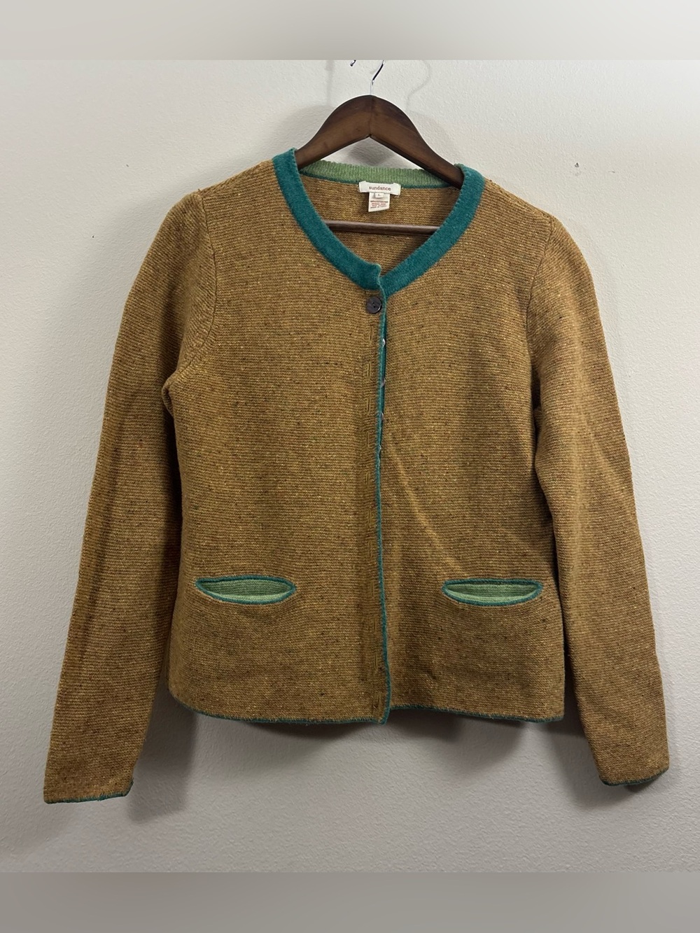 Sundance Wool Sweater Cardigan Button Up w/Pockets mustard Size L alpine cabin